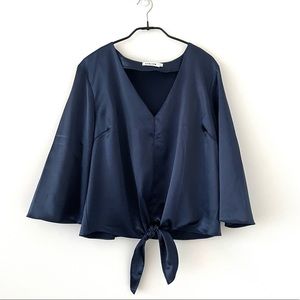 STELEN Zoe Blue Navy Satin Look Tie Front V Neck Blouse Crop Top